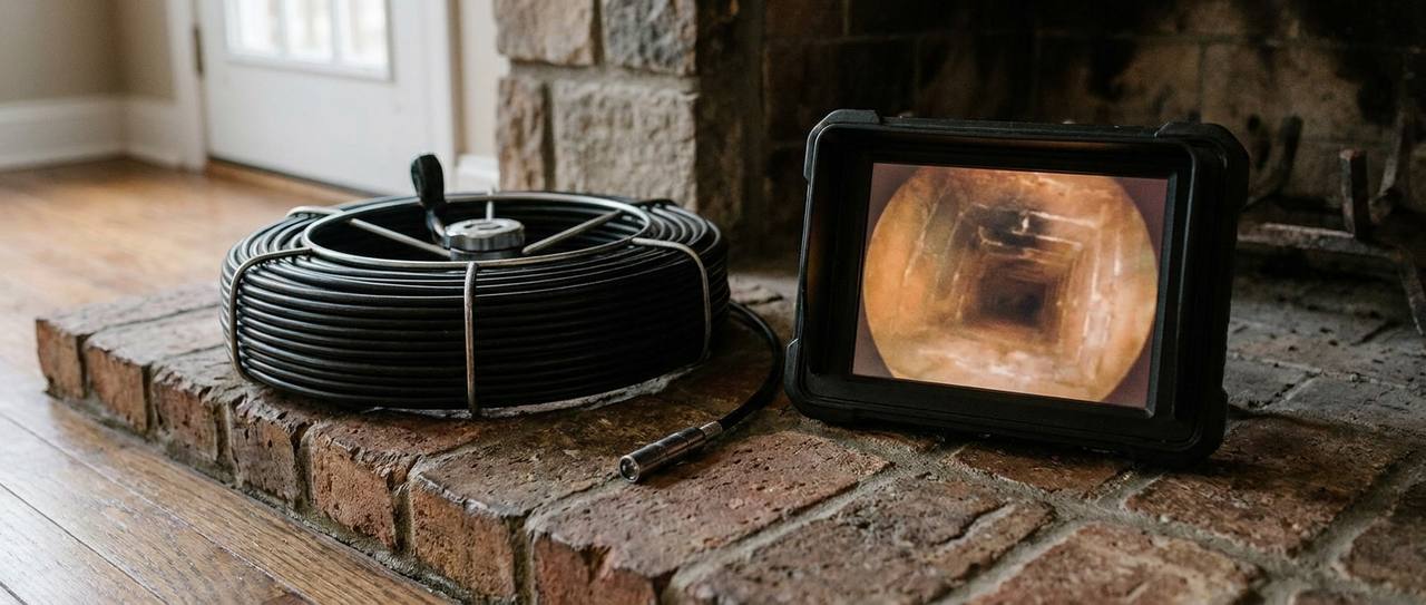 Chimney inspection camera and monitor equipment set up on a hearth showing a flue interior view