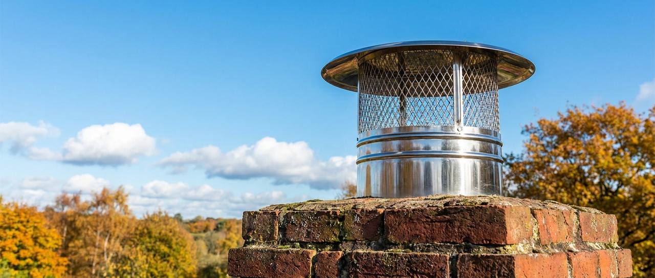 Stainless steel chimney cap with spark screen mounted on a brick chimney against an autumn sky