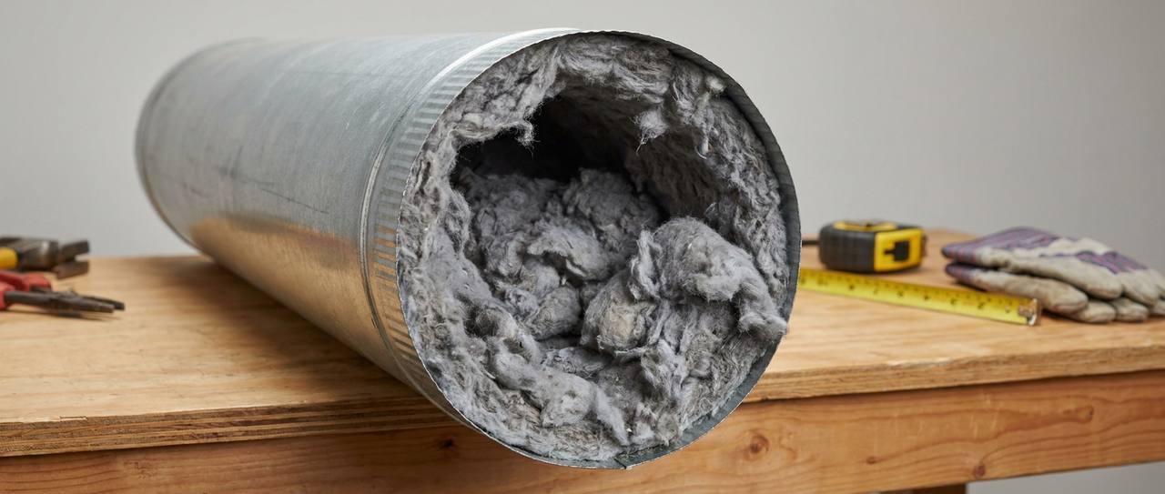 Dense gray lint buildup packed inside a metal dryer vent duct viewed from the open end