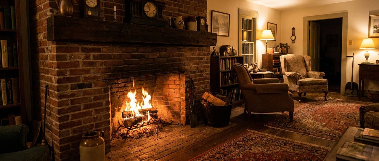 Wood fire burning cleanly in a brick masonry fireplace with a dark mantel in an older home