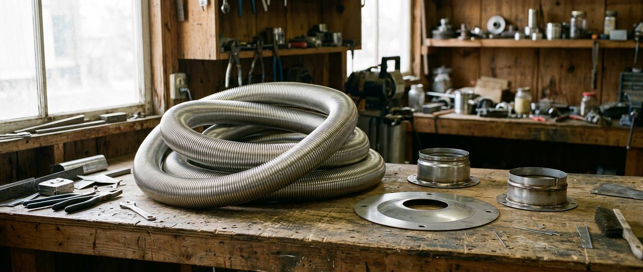 Coiled flexible stainless steel chimney liner with installation components on a work surface