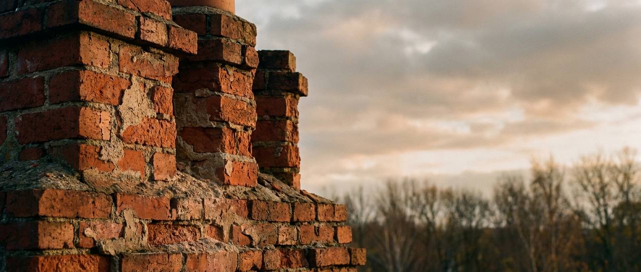 Close-up of weathered chimney brickwork with spalled brick faces and eroded mortar joints