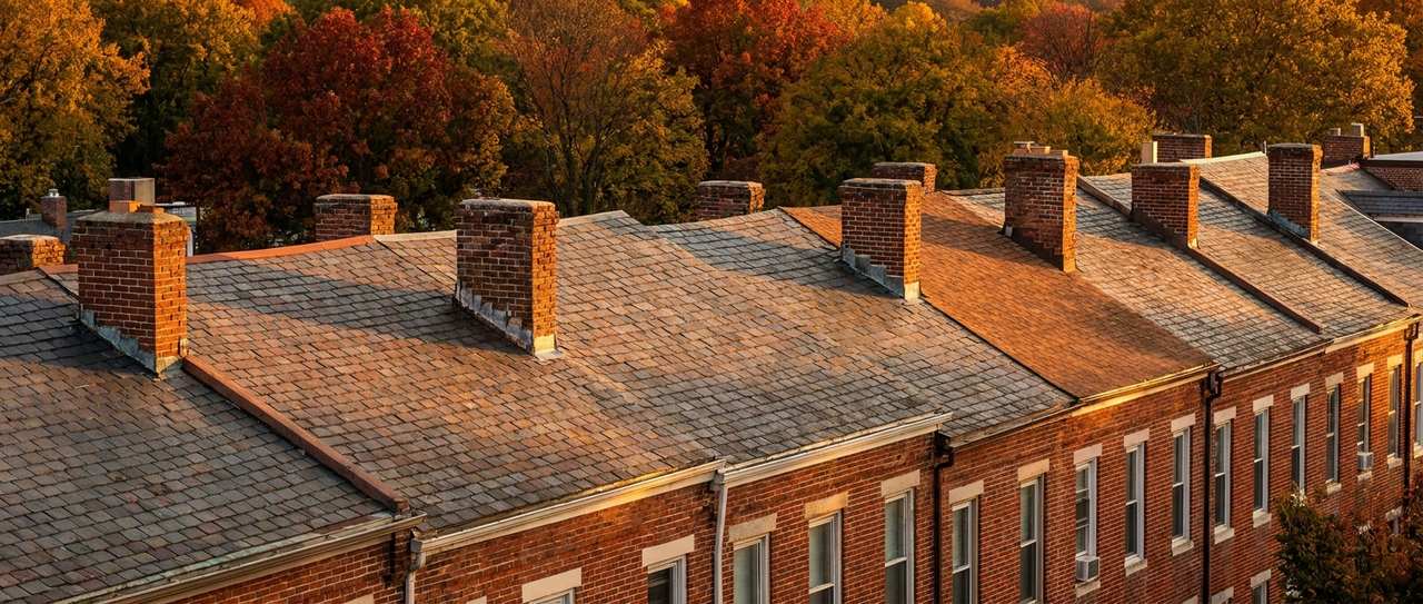 Brick rowhome rooftops and masonry chimneys in a historic Wilmington, Delaware neighborhood