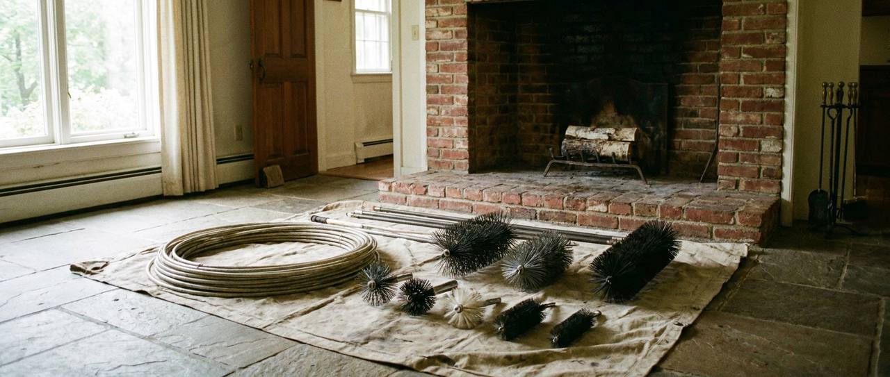 Professional chimney sweeping rods and rotary brush heads laid out beside a masonry fireplace